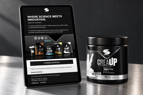 Skytrition welcome email presented on a tablet beside CreaUP packaging, an AI-assisted portfolio mockup.