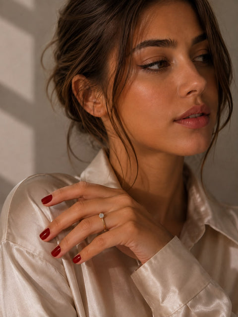 Model wearing deep red Monaco Red press-on nails