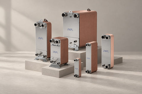 Alfa Laval heat exchangers in an editorial studio composition adapted from the product photograph