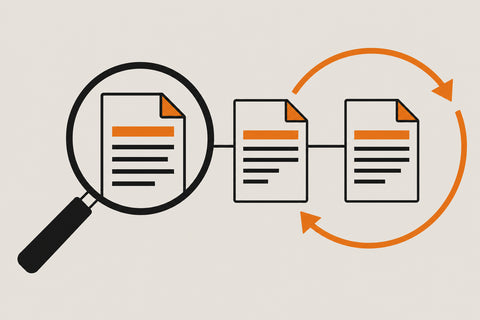 Illustration of source documents reviewed with a magnifying glass and repeat-check arrow.