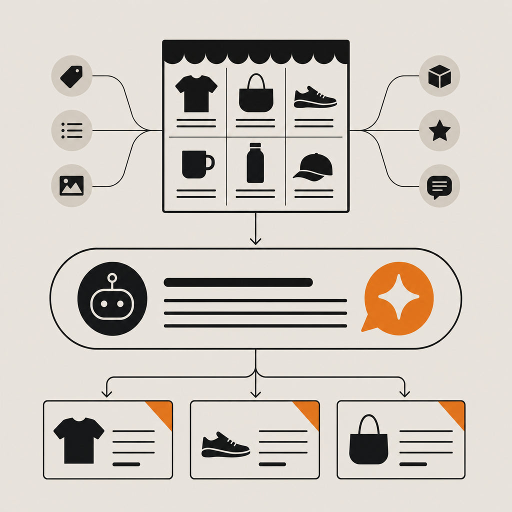 Illustration of store product information connected to AI answers and product discovery.
