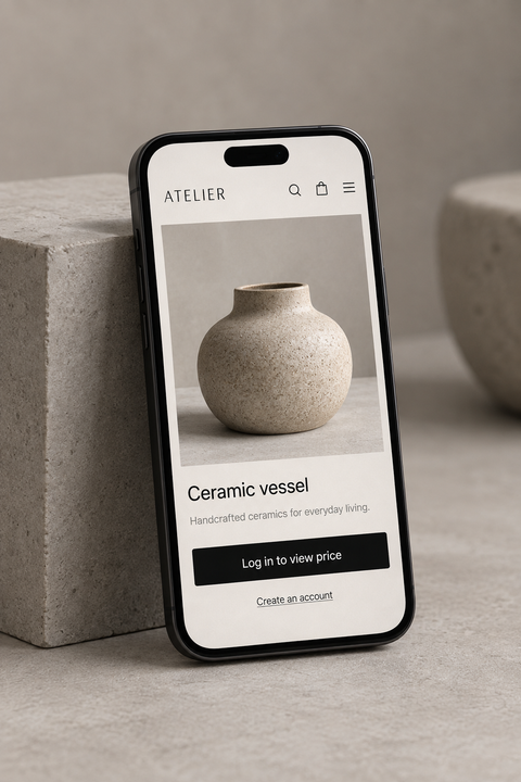 Illustrative product page on a phone with a Log in to view price button.