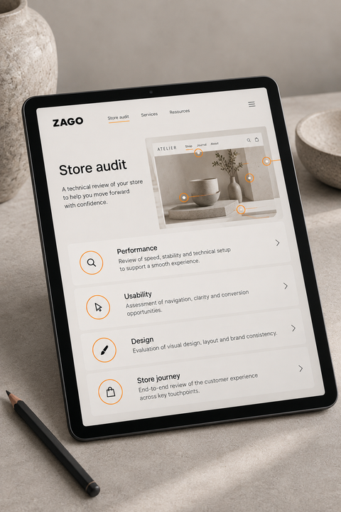 Illustrative store audit reviewing performance, usability, design and the store journey.