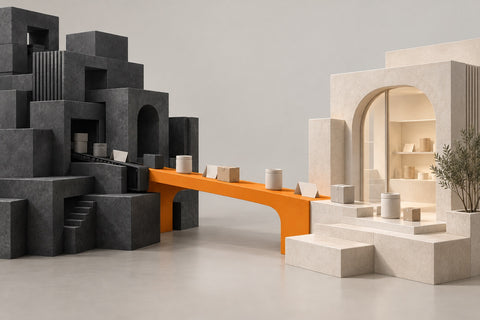Illustration of an orange bridge connecting two modular storefronts during an ecommerce migration