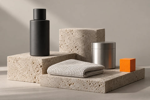 Editorial still life of products on stone plinths in warm grey and orange