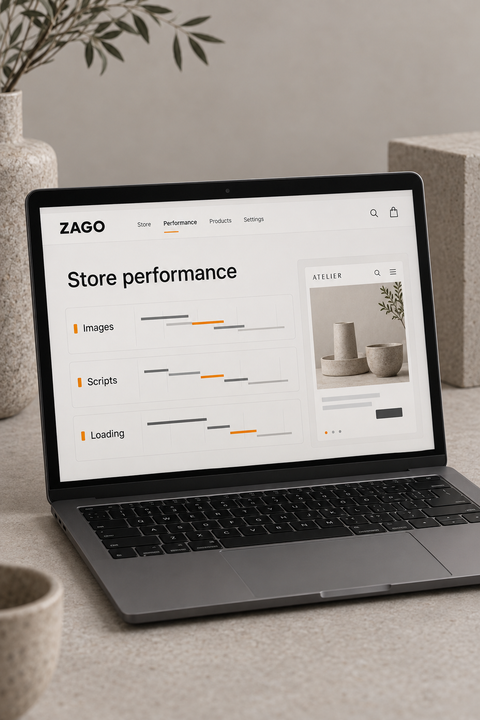 Illustrative store performance review showing images, scripts and loading on a laptop.