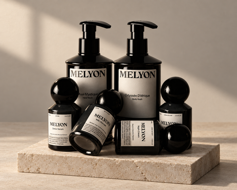 Melyon skincare products in an AI-assisted studio presentation based on the original product photograph