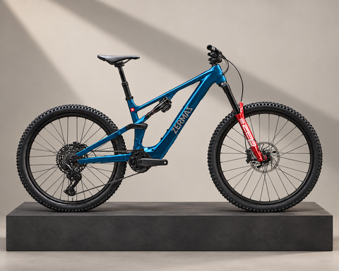 Blue Zermaz e-MTB in an AI-assisted studio presentation based on the original product image